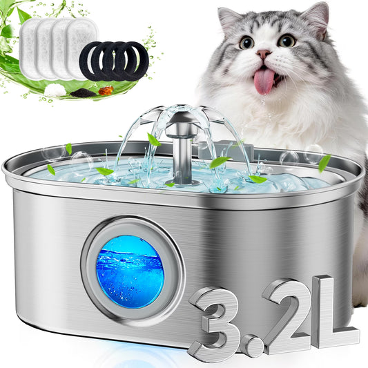  Stainless Steel Cat Water Fountain – 108oz/3.2L Automatic Pet Water Dispenser for Cats & Dogs