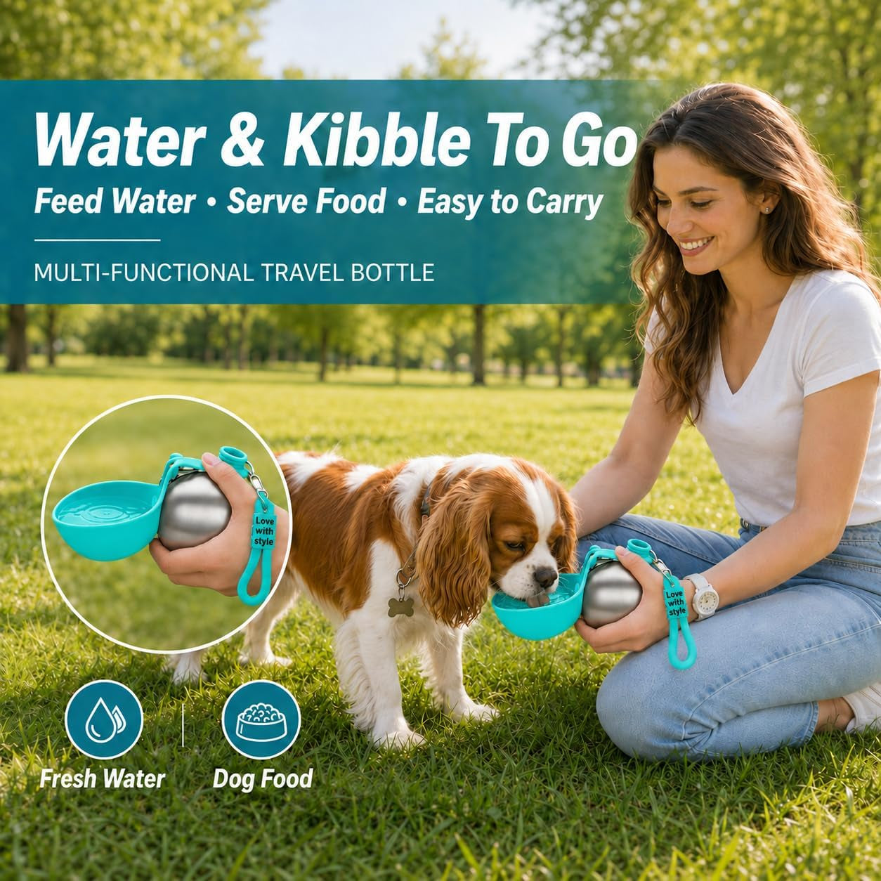 Portable Dog Water Bottle with Foldable Bowl – Leak-Proof Stainless Steel Pet Water Dispenser for Walking, Hiking, Travel & Outdoor Adventures (10 oz)