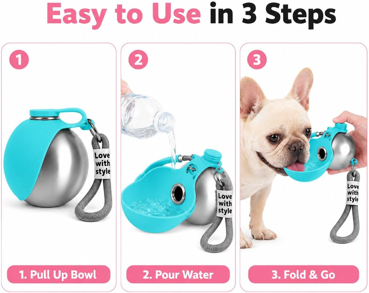 Portable Dog Water Bottle with Foldable Bowl – Leak-Proof Stainless Steel Pet Water Dispenser for Walking, Hiking, Travel & Outdoor Adventures (10 oz)