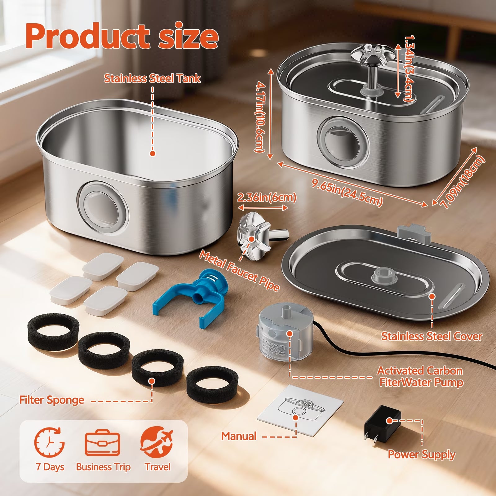  Stainless Steel Cat Water Fountain – 108oz/3.2L Automatic Pet Water Dispenser for Cats & Dogs
