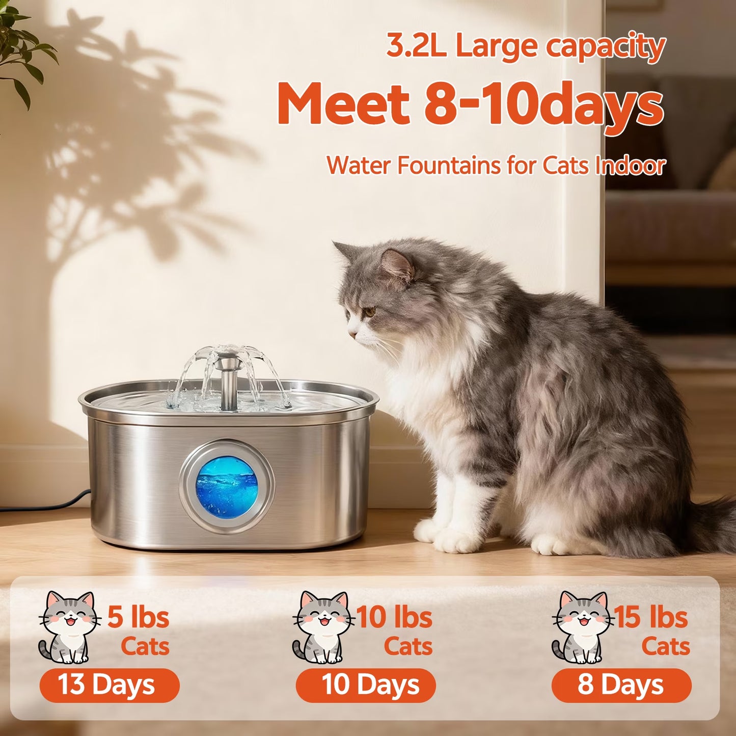  Stainless Steel Cat Water Fountain – 108oz/3.2L Automatic Pet Water Dispenser for Cats & Dogs