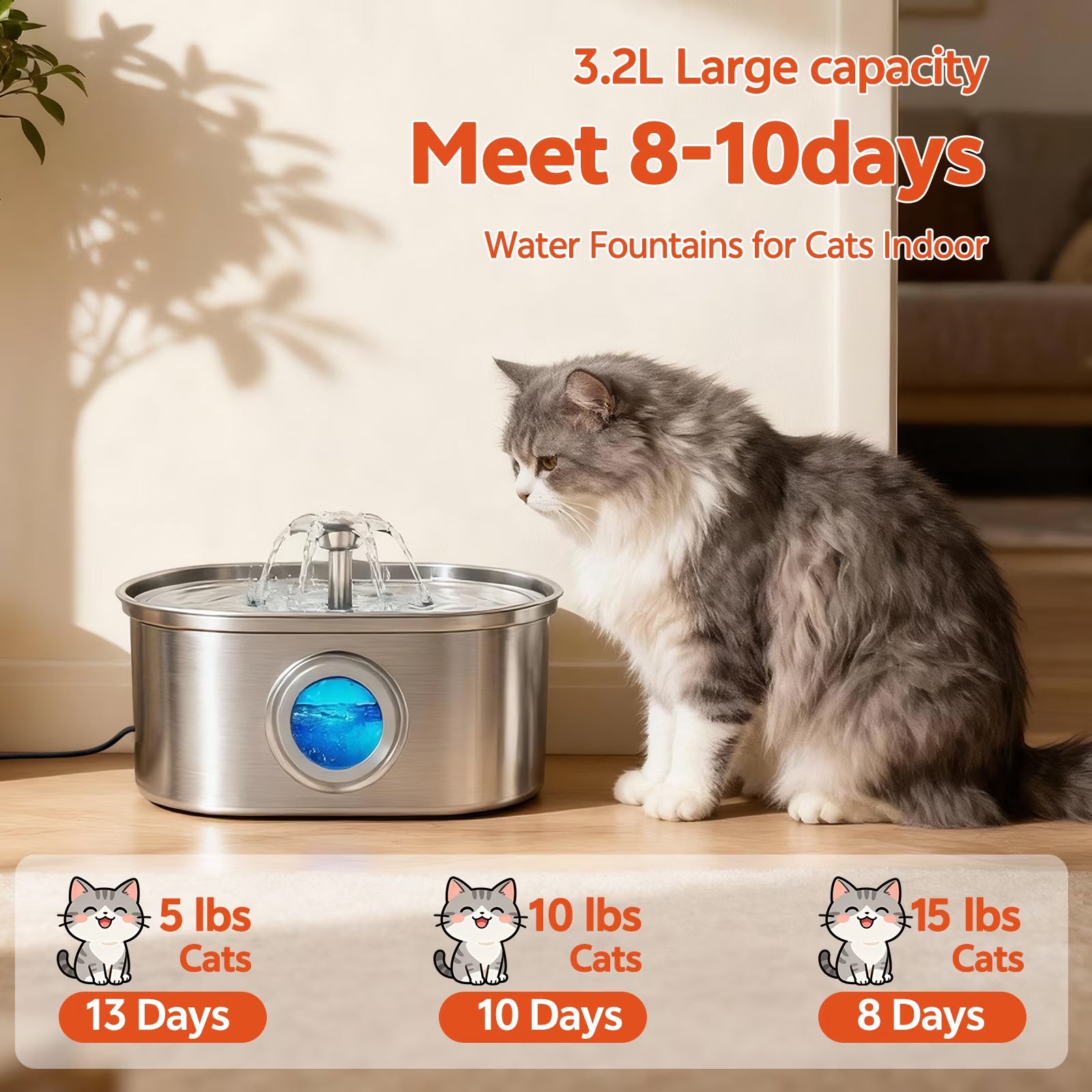  Stainless Steel Cat Water Fountain – 108oz/3.2L Automatic Pet Water Dispenser for Cats & Dogs