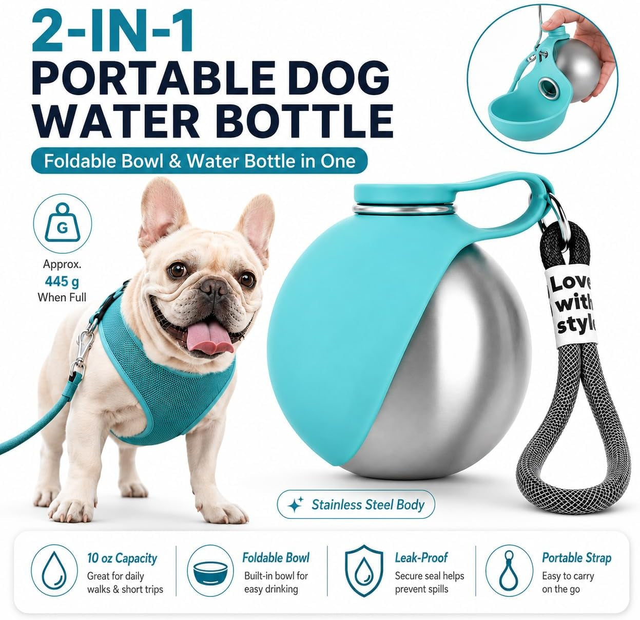 Portable Dog Water Bottle with Foldable Bowl – Leak-Proof Stainless Steel Pet Water Dispenser for Walking, Hiking, Travel & Outdoor Adventures (10 oz)