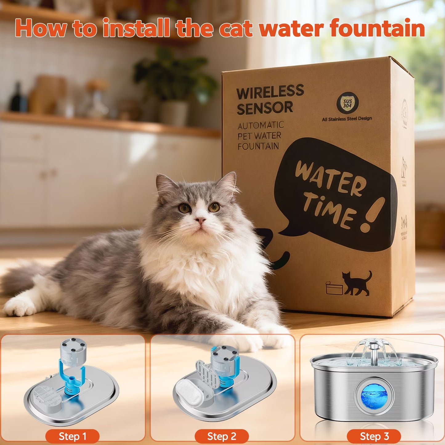  Stainless Steel Cat Water Fountain – 108oz/3.2L Automatic Pet Water Dispenser for Cats & Dogs