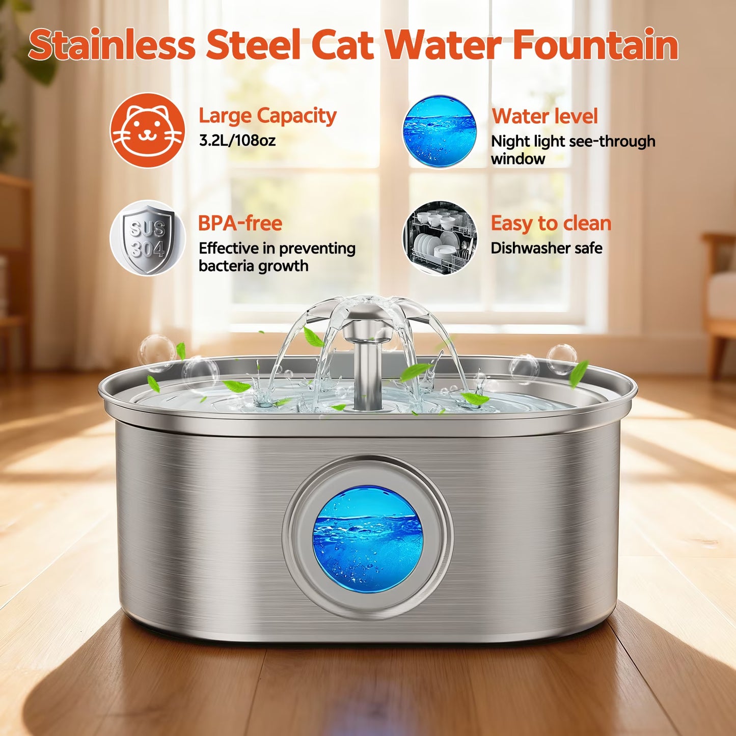  Stainless Steel Cat Water Fountain – 108oz/3.2L Automatic Pet Water Dispenser for Cats & Dogs