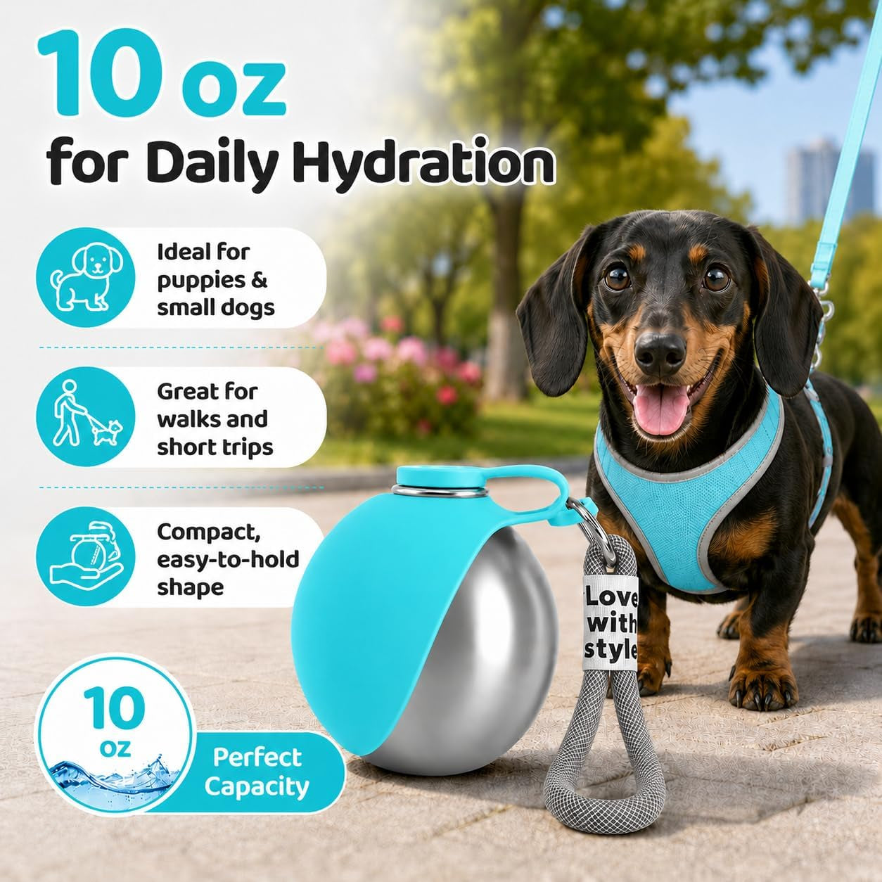 Portable Dog Water Bottle with Foldable Bowl – Leak-Proof Stainless Steel Pet Water Dispenser for Walking, Hiking, Travel & Outdoor Adventures (10 oz)